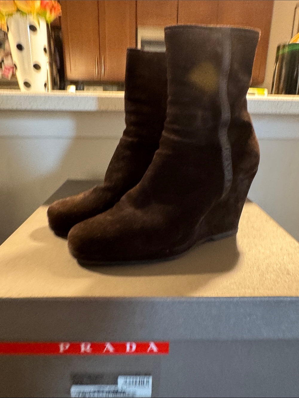 Prada Dark Brown Suede Wedge Booties